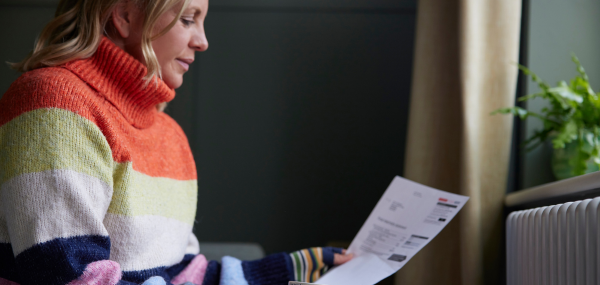 A woman looks at a utility bill