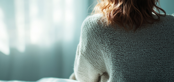 A woman sits in a room facing a window with her back to camera